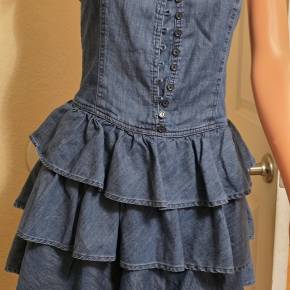 Denim Button-Front Ruffle Mini Dress - Blue - Picture 3 of 7